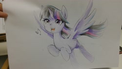 Size: 4160x2340 | Tagged: safe, artist:초보놀이, derpibooru import, twilight sparkle, twilight sparkle (alicorn), alicorn, flying, music notes, singing, solo, traditional art