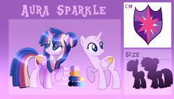 Size: 2960x1688 | Tagged: safe, artist:sugaryicecreammlp, derpibooru import, oc, oc:aura sparkle, alicorn, pony, female, mare, offspring, parent:flash sentry, parent:twilight sparkle, parents:flashlight, reference sheet, solo, two toned wings