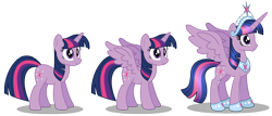 Size: 5000x2148 | Tagged: safe, artist:aleximusprime, derpibooru import, twilight sparkle, twilight sparkle (alicorn), unicorn twilight, alicorn, pony, unicorn, age progression, anklet, big crown thingy, element of magic, female, height difference, jewelry, mare, necklace, older, older twilight, regalia, simple background, solo, spread wings, tiara, transparent background, wings