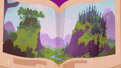 Size: 1440x810 | Tagged: safe, derpibooru import, screencap, the hooffields and mccolts, book, forest, illustration, mountain, no pony, open book, pine tree, river, smokey mountains, tree, valley