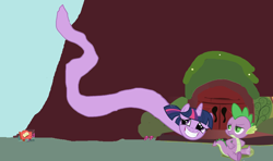 Size: 2000x1180 | Tagged: safe, derpibooru exclusive, derpibooru import, edit, edited screencap, spike, twilight sparkle, dragon, original species, snake, snake pony, season 1, floating, flying, golden oaks library, ironic, ms paint, wat