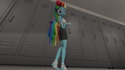 Size: 2702x1520 | Tagged: safe, artist:fazbearsparkle, derpibooru import, rainbow dash, anthro, 3d, cloakroom, lockers, looking at you, source filmmaker