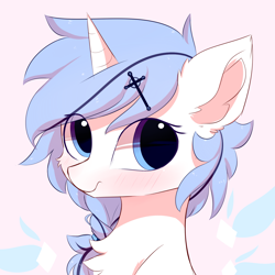 Size: 1500x1500 | Tagged: safe, artist:heddopen, derpibooru import, oc, oc only, pony, unicorn, blushing, chest fluff, ear fluff, female, hairpin, mare, solo
