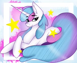 Size: 993x805 | Tagged: safe, artist:krissograph, oc, oc only, pony, unicorn, abstract background, commission, eye clipping through hair, female, horn, long horn, long tail, looking sideways, mare, prone, smiling, solo, stars