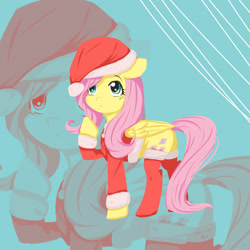 Size: 2000x2000 | Tagged: safe, artist:kill5555, fluttershy, pegasus, pony, christmas, clothes, costume, cute, female, folded wings, high res, holiday, looking up, mare, pixiv, raised hoof, santa costume, shyabetes, socks, solo, standing, wings, zoom layer