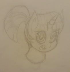 Size: 2660x2726 | Tagged: safe, artist:howl echoes, derpibooru import, twilight sparkle, alternate hairstyle, bust, looking at you, pencil drawing, ponytail, smiling, solo, traditional art