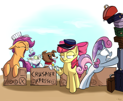 Size: 2200x1800 | Tagged: safe, artist:rocket-lawnchair, apple bloom, opalescence, scootaloo, sweetie belle, winona, cat, dog, earth pony, pegasus, pony, unicorn, cardboard box, cutie mark crusaders, female, filly, hat, luggage, shrunken pupils, this will end in pain, this will end in tears and/or death and/or covered in tree sap