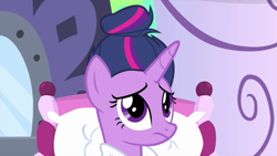 Size: 1280x720 | Tagged: safe, derpibooru import, screencap, twilight sparkle, twilight sparkle (alicorn), alicorn, pony, rarity's biggest fan, alternate hairstyle, bathrobe, bun hairstyle, clothes, hair bun, robe, solo, spa, updo