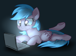 Size: 1000x744 | Tagged: safe, artist:prince-lionel, derpibooru import, firefly, pegasus, pony, computer, crying, female, gray background, laptop computer, lying down, mare, movie accurate, night, prone, sad, simple background, solo, underhoof, vent art