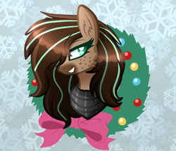 Size: 774x662 | Tagged: safe, artist:sugaryicecreammlp, derpibooru import, oc, oc:mint, pegasus, pony, bust, christmas wreath, female, mare, portrait, solo, wreath