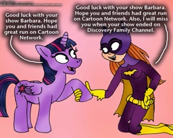 Size: 999x800 | Tagged: safe, artist:rdj1995, twilight sparkle, twilight sparkle (alicorn), alicorn, pony, barbara gordon, batgirl, dc superhero girls, tara strong, voice actor joke