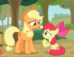 Size: 1207x940 | Tagged: safe, derpibooru import, screencap, apple bloom, applejack, earth pony, pony, going to seed, apple sisters, cropped, duo, female, filly, foal, hooves together, mare, pleading, siblings, sisters, sitting