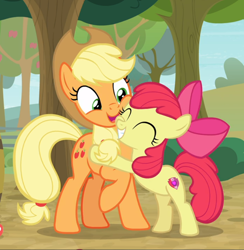 Size: 916x937 | Tagged: safe, derpibooru import, screencap, apple bloom, applejack, earth pony, pony, going to seed, adorabloom, apple sisters, cheek squish, cropped, cute, duo, eyes closed, female, filly, foal, hug, jackabetes, mare, open mouth, raised hoof, siblings, sisters, smiling, squishy cheeks