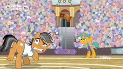 Size: 1366x768 | Tagged: safe, screencap, quibble pants, snails, earth pony, pony, common ground, audience, basket, crowd, loudspeaker, plot, stadium