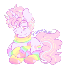 Size: 734x692 | Tagged: safe, artist:kiddinsdeluxe, derpibooru import, oc, oc only, oc:color wishes, pony, unicorn, b3, clothes, freckles, lidded eyes, looking away, lying down, multicolored hair, ponysona, rainbow, rainbow eyes, rainbow socks, scarf, simple background, sitting, socks, solo, striped socks, transparent background