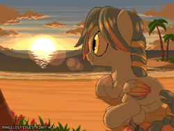 Size: 800x600 | Tagged: safe, artist:rangelost, derpibooru import, oc, oc only, oc:seashore swirl, pegasus, pony, beach, braided tail, cloud, cutie mark, dock, female, lying down, mare, ocean, palm tree, patreon, patreon reward, pixel art, plot, solo, sunset, tree