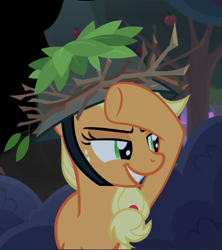 Size: 806x909 | Tagged: safe, derpibooru import, screencap, applejack, earth pony, pony, going to seed, cropped, female, freckles, hat, mare, narrowed eyes, raised hoof, smiling, smirk, solo
