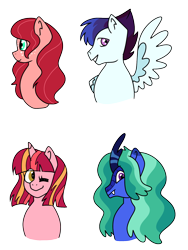 Size: 1372x1828 | Tagged: safe, artist:kukakimon, derpibooru import, oc, oc only, dracony, earth pony, hybrid, pegasus, pony, unicorn, adoptable, bust, fangs, female, freckles, interspecies offspring, male, mare, offspring, one eye closed, parent:big macintosh, parent:flash sentry, parent:fluttershy, parent:rainbow dash, parent:rarity, parent:soarin', parent:spike, parent:twilight sparkle, parents:flashlight, parents:fluttermac, parents:soarindash, parents:sparity, simple background, spread wings, stallion, transparent background, wings, wink