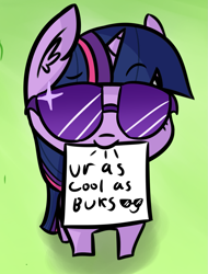 Size: 1135x1491 | Tagged: safe, alternate version, artist:artiks, derpibooru import, twilight sparkle, cool, female, filly, filly twilight sparkle, mouth hold, paper, positive ponies, solo, sunglasses, younger