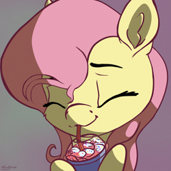 Size: 2000x2000 | Tagged: safe, artist:nookprint, fluttershy, pegasus, pony, bust, cheek fluff, cute, drink, drinking, ear fluff, eyes closed, female, food, high res, mare, portrait, shyabetes, solo, straw, whipped cream