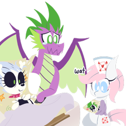 Size: 1000x1000 | Tagged: safe, artist:dragonpone, derpibooru exclusive, derpibooru import, nurse redheart, skellinore, spike, oc, dracony, dragon, earth pony, hybrid, pony, skeleton pony, the break up breakdown, adult, adult spike, baby, bed, bipedal, blanket, bone, boots, claws, confused, crying, cutie mark, dialogue, dragon bones, dragon wings, ear fluff, female, freckles, happy, hooves, horns, hospital bed, lineless, male, mare, neckerchief, newborn, offspring, older, older spike, parent:skellinore, parent:spike, parents:dragon bones, shipping, shoes, shoulder freckles, simple background, skeleton, smiling, spread wings, straight, swaddling, tears of joy, teary eyes, transparent background, wat, winged spike, wings