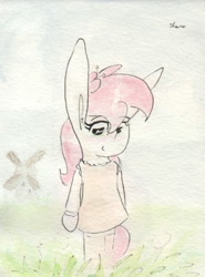 Size: 696x939 | Tagged: safe, artist:slightlyshade, derpibooru import, roseluck, pony, adorarose, bipedal, blushing, clothes, dress, flower, flower in hair, long ears, socks, solo, traditional art, windmill