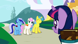 Size: 1280x720 | Tagged: safe, derpibooru import, screencap, lemon hearts, minuette, twilight sparkle, twinkleshine, unicorn twilight, pony, unicorn, friendship is magic, book, book of harmony, eyes closed, female, mare, raised hoof, saddle bag