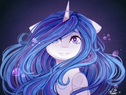 Size: 1257x952 | Tagged: safe, artist:kindnightingale, artist:yamaneka, oc, oc only, pony, unicorn, collaboration, bubble, female, gradient background, hair over one eye, looking at you, mare, smiling, solo