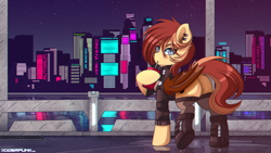 Size: 3840x2160 | Tagged: safe, artist:ciderpunk, oc, oc only, oc:silver veil, bat pony, pony, bat pony oc, city, cityscape, clothes, cyberpunk, female, mare, night, plot, solo