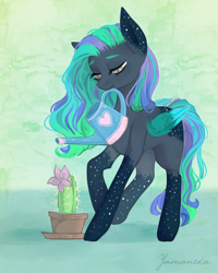 Size: 1800x2250 | Tagged: safe, artist:yamaneka, oc, oc only, pegasus, pony, cactus, coat markings, female, lidded eyes, mare, mouth hold, socks (coat marking), solo, stars, watering, watering can