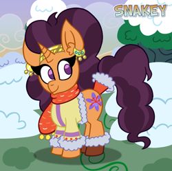 Size: 770x768 | Tagged: safe, artist:snakeythingy, derpibooru import, saffron masala, solo, winter, winter outfit