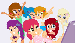 Size: 1280x732 | Tagged: safe, artist:doraair, artist:mapleb, oc, oc:cherry cheesecake, oc:coconut cream muffin, human, better together, equestria girls, i'm on a yacht, angel cake (strawberry shortcake), apple dumplin, barely eqg related, base used, blueberry muffin (strawberry shortcake), clothes, crossover, equestria girls style, equestria girls-ified, pajamas, phone, plum pudding, selfie, slumber party, strawberry shortcake, strawberry shortcake (character)