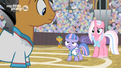 Size: 1366x768 | Tagged: safe, screencap, clear sky, quibble pants, snails, wind sprint, earth pony, pegasus, pony, unicorn, common ground, angry, audience, crowd, discovery family logo, field, sports outfit, stadium, sweat, upset
