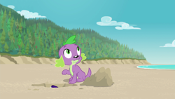 Size: 1920x1080 | Tagged: safe, edit, edited screencap, editor:slayerbvc, screencap, spike, spike the regular dog, dog, better together, equestria girls, forgotten friendship, accessory-less edit, beach, burying, hole, looking up, male, raised paw, sand, sitting, solo, spike's dog collar