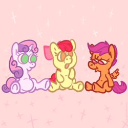 Size: 1050x1050 | Tagged: safe, artist:dubiousdummy, derpibooru import, apple bloom, scootaloo, sweetie belle, earth pony, pegasus, pony, unicorn, cute, cutie mark crusaders, female, silly