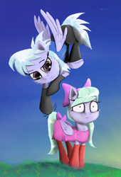Size: 1280x1883 | Tagged: safe, artist:chopsticks, cloudchaser, flitter, pegasus, bow, cheek fluff, chest fluff, clothes, dress, duo, duo female, ear fluff, female, flying, grass, grass field, hair bow, hoof fluff, mare, siblings, sisters, smiling, smirk, socks, startled