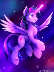 Size: 900x1200 | Tagged: safe, artist:lostdreamm, twilight sparkle, twilight sparkle (alicorn), alicorn, pony, flying, open mouth, signature, solo, space