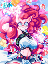 Size: 2024x2698 | Tagged: safe, artist:velcius, pinkie pie, anthro, the ending of the end, anime, anime style, armpits, bell, belly button, breasts, candy, chaos, chaos pinkie, female, food, grin, grogar's bell, lollipop, pinkie pies, smiling, solo, swirly eyes, xk-class end-of-the-universe scenario, xk-class end-of-the-world scenario