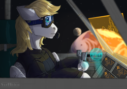 Size: 1200x838 | Tagged: safe, artist:marinavermilion, derpibooru import, oc, oc only, oc:cutting chipset, pegasus, pony, clothes, cockpit, goggles, hologram, male, planet, screen, space, spaceship