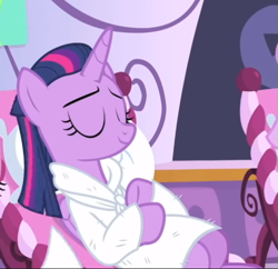 Size: 563x544 | Tagged: safe, derpibooru import, screencap, twilight sparkle, twilight sparkle (alicorn), alicorn, pony, rarity's biggest fan, alternate hairstyle, bathrobe, clothes, cropped, eyes closed, female, ponyville spa, reclining, relaxing, robe