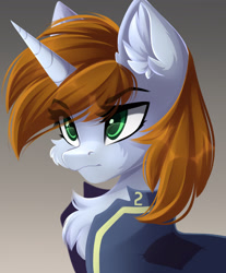 Size: 1920x2316 | Tagged: safe, artist:airiniblock, oc, oc:littlepip, pony, unicorn, fallout equestria, bust, chest fluff, clothes, commission, ear fluff, fanfic, fanfic art, female, gradient background, horn, long horn, mare, rcf community, solo, vault suit