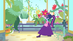 Size: 1364x768 | Tagged: safe, artist:starman1999, edit, edited screencap, screencap, sci-twi, twilight sparkle, equestria girls, equestria girls series, my little shop of horrors, apron, boots, cactus, celestia's house, clothes, flower, gloves, long skirt, plant, ponytail, shoes, skirt, solo, watering can