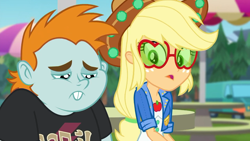 Size: 1280x720 | Tagged: safe, screencap, applejack, snips, accountibilibuddies, accountibilibuddies: snips, better together, equestria girls, applejack's festival hat, applejack's hat, applejack's sunglasses, clothes, cowboy hat, female, freckles, glasses, hat, male, sad