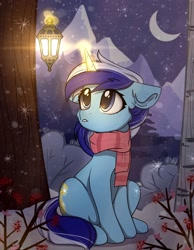 Size: 1280x1650 | Tagged: safe, artist:reterica, minuette, pony, unicorn, cheek fluff, clothes, crescent moon, cute, ear fluff, female, floppy ears, glowing horn, horn, lamp, mare, minubetes, moon, scarf, sitting, snow, snowfall, snowflake, solo, winter