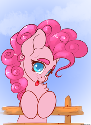 Size: 2000x2750 | Tagged: safe, artist:skitsroom, pinkie pie, earth pony, pony, fence, tongue out