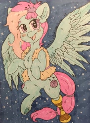 Size: 2888x3962 | Tagged: safe, artist:chibichangeling, kerfuffle, pegasus, pony, rainbow roadtrip, amputee, female, peg leg, prosthetic limb, prosthetics, snow, snowfall, solo, traditional art