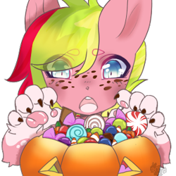 Size: 300x300 | Tagged: safe, artist:hatterbunny, oc, oc:sugar berry, diamond dog, hybrid, pony, beans, candy, coat markings, cute, female, food, freckles, halloween, holiday, lollipop, mare, paws, pumpkin, pumpkin bucket, simple background, solo, transparent background, underpaw, ych result