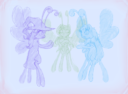 Size: 3000x2200 | Tagged: safe, artist:shukketsustar, derpibooru import, oc, oc only, oc:fairweather, oc:pattern, oc:petilia, breezie, pony, antennae, argument, cape, clothes, colored sketch, crossed arms, cute, female, frown, hat, open mouth, trio