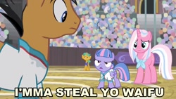 Size: 1280x720 | Tagged: safe, edit, edited screencap, screencap, clear sky, quibble pants, snails, wind sprint, earth pony, pegasus, pony, unicorn, common ground, angry, caption, image macro, needs more jpeg, sweat stain, text, watermark