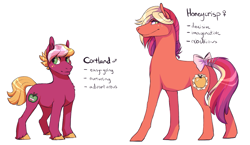 Size: 1323x769 | Tagged: safe, artist:zetapold, oc, oc only, oc:cortland, oc:honeycrisp, earth pony, pony, bow, brother and sister, cutie mark, duo, female, male, offspring, parent:big macintosh, parent:cheerilee, parents:cheerimac, siblings, simple background, tail bow, white background